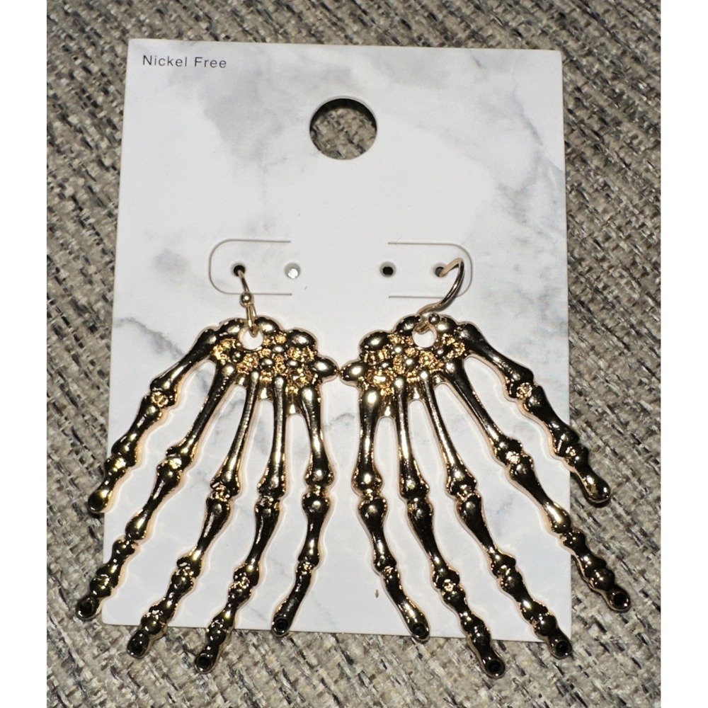 Skeleton‎ Hand Drop Earrings, Gold Dangle Ear Hook for Halloween NEW